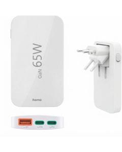 Hama 65W GaN Fast Charger, 3-Port PD Adapter with 2 USB-C and 1 USB-A Port, Quick Charge Support, Compact Design