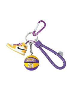 Luxury Signature James Ball Keychain Set, Basketball Ball Keyring, Purple Rope & Yellow Sneaker Charms