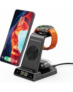 Phelinta 3-in-1 Wireless Charging Station with Clock, Multi-Device Charger for Samsung Galaxy S25, S24, S23, Z Flip7 and Z Fold7