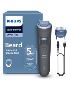 Philips Series 3000 Beard Trimmer, Self-Sharpening Rounded-Tip Blades, 20 Length Settings, 0.510mm, 0.5mm Precision Steps, Wet & Dry, 60-Minute Runtime, USB-A Charging  - BT3617/15