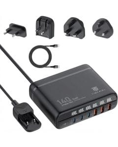 TIMERIAL 140W GaN USB-C Charger Station, 6-Port Fast Charging Hub with PD 3.0 and QC 5.0 for Desktop and Travel Use