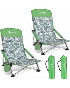 VILLEY Low Beach Chairs 2-Pack, Portable Folding Camping Chairs with High Backrests and Cup Holders