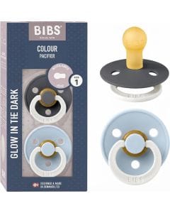 BIBS Latex Round Pacifier 0-6 Months Size 1 2 Pack, Vents For Air Circulation, Round Nipple Shape, Lightweight And Timeless Design - Iron Glow/Baby Blue Glow