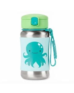 Skip Hop Zoo Octopus Stainless Steel Straw Bottle 12+ Months 350ml, No-slip Silicone Sleeve, Flexible Straw Flips Down To Stay Clean - Multicolour