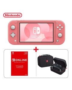 Nintendo Switch Lite Handheld Gaming Console Red + Nintendo 12 Months + Game Traveler Deluxe System Case Black Bundle (603001000015706 + 603001000000966 + 603001000017181)