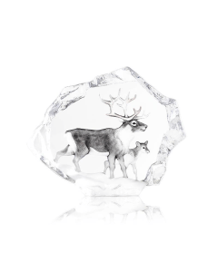 Maleras Reindeer with Calf Limited Edition Crystal Sculpture, Handmade Swedish Cast Crystal, Hand-Painted Brown Finish, Signed by Mats Jonasson