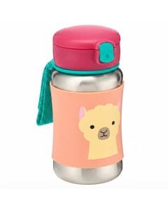 Skip Hop Zoo Llama Stainless Steel Straw Bottle 12+ Months 350ml, No-slip Silicone Sleeve, Flexible Straw Flips Down To Stay Clean - Multicolour