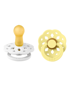 BIBS Boheme Latex Pacifier Size 2 6+ Months 2 Pack, Comforting And Stimulating, Natural Rubber Nipple, Lightweight Shield Design - White/Sunshine
