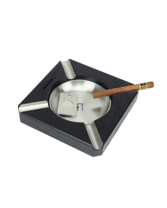 Luxury Signature Black Cigar Ashtray, MDF with Oak Wood Veneer, Matte Finish, Metal Plate & Cigar Cutter Included, 190x190x35mm