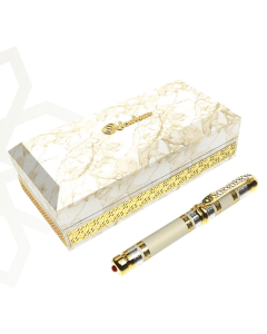 His Highness Alsalam Pen, Luxury Gold & Silver Plated Brass Writing Pen, Etched Graphic Design, Wooden Leather-Finished Gift Box