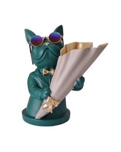 Luxury Signature French Bulldog Vase, Green Resin Flower Holder with Bowtie & Sunglasses Design, Decorative Tabletop Home Decor Accent