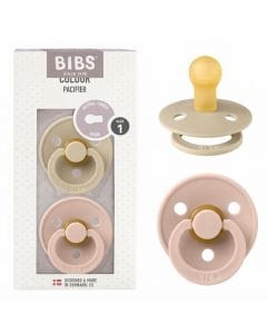 BIBS Latex Round Pacifier 0-6 Months Size 1 2 Pack, Vents For Air Circulation, Round Nipple Shape, Lightweight And Timeless Design - Vanilla/Blush
