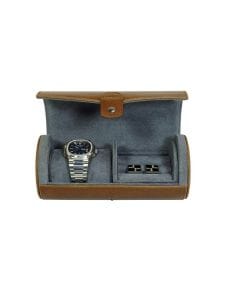 Luxury Signature Travel Watch Case with Button, Crazy Horse PU Leather Watch Travel Organizer, Removable Pillow & Cufflinks Storage, Grey Velvet Lining | Brown