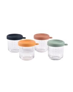 Beaba Glass Conservation Jars With Closure 250ml 4 Pieces, Heat And Cold Resistant, Easy Clip Soft Lid - Multicolour