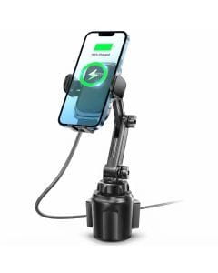 TOPGO Cup Holder Phone Mount with 15W Wireless Car Charger, Auto-Clamping Universal Cell Phone Holder and Cradle