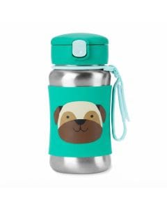 Skip Hop Zoo Pug Stainless Steel Straw Bottle 12+ Months 350ml, No-slip Silicone Sleeve, Flexible Straw Flips Down To Stay Clean - Multicolour