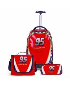 TRUCARE Disney Cars 3-in-1 Kids Trolley School Bag Set - Premium Ergonomic Rolling Backpack,