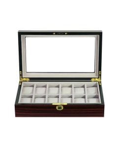 Luxury Signature 12-Slot Wooden Watch Box, Ebony MDF, Matte Finish, Premium Ivory Velvet Interior, Glass Display Lid | 343x210x85mm