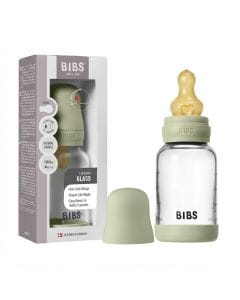 BIBS Round Latex Slow Flow Glass Baby Bottle 120ml, Natural Rubber Latex Nipple, BPA And PVC Free, Flow Controlled Feeding - Sage