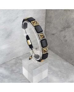 Eastwest Volcano Series Bracelet, 925 Gold Sterling Silver Beads, Square Onyx Natural Stones, Black Handmade Adjustable Rope Bracelet