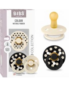 BIBS Polka Studio Colour Latex Round Pacifier Size 2 6+ Months 2 Pack, Ergonomic Shield Design, BPA-Free And Safe Materials - Ivory/Black