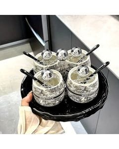 Luxury Signature Seasoning Jar Set with Handle, Ceramic Spice Containers with Matching Lid & Tray - 4 Piece