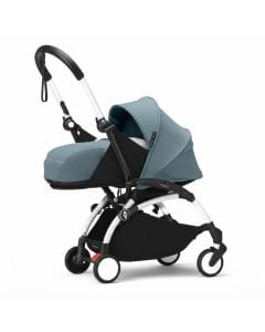 Stokke YOYO3 Newborn Stroller Pack 0+ with White Frame, Mattress & Canopy, Aqua - Ultra-Compact Travel System Allowing Newborns to Lie Completely Flat and Secure