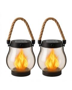 Strayelf Solar Flame Lanterns 2-Pack, Waterproof Hanging Outdoor Lights with Flickering LED Flame Effect for Garden and Patio