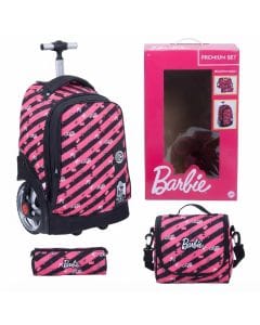 Barbie Big Wheel 3-Piece Trolley Backpack Set for Girls - Rolling School Bag with Matching Lunch Box