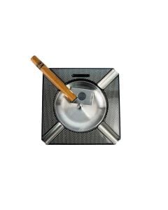 Luxury Signature Carbon Fiber Cigar Ashtray, MDF Construction with High Gloss Carbon Pattern Finish, Built-In Metal Plate & Cigar Cutter 