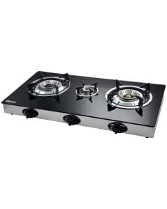 Oscar 3-Burner Glass Top Gas Stove, Toughened Glass Cooktop, Auto Piezo Ignition, Heavy-Duty Cast Iron Burners, Easy-Clean Design | OG7093