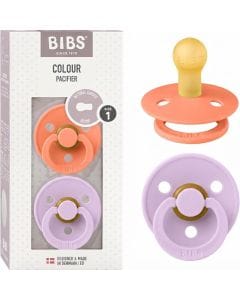 BIBS Latex Round Pacifier 0-6 Months Size 1 2 Pack, Vents For Air Circulation, Round Nipple Shape, Lightweight And Timeless Design - Papaya/Violet Sky