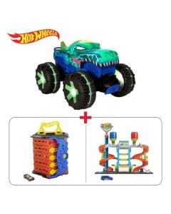 Hot Wheels Monster Trucks 1:15 Scale + Roll Out Raceway Track Set + City Mega Car Wash With 1 Color Shifters Car Playset Bundle (603001000016128 + 603001000016121 + 603001000016108)