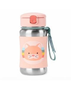 Skip Hop Zoo Cat Stainless Steel Straw Bottle 12+ Months 350ml, No-slip Silicone Sleeve, Flexible Straw Flips Down To Stay Clean - Multicolour