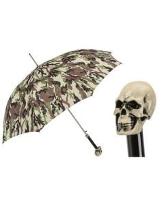 Pasotti Camouflage Umbrella, Handmade in Italy, Premium Camouflage Canopy with Enameled Resin Skull Handle, Luxury Designer Umbrella