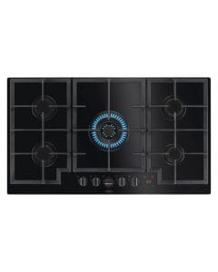 AEG 90cm Gas-on-Glass Hob, 5 Gas Burners, FlameLight Controls, StepPower Heat Control, Cast Iron Pan Supports | Black - HKB95451NB