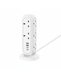 Moxedo Smart-Hub Tower Power Strip 15-in-1 with 11 AC Sockets, 2 USB-C Ports, 2 USB-A Ports & 2M Cable | White