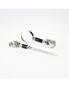 Horse Magnifying Glass and Letter Opener Set, 925 Silver Coated Wooden Handle, Silver Plated Brass