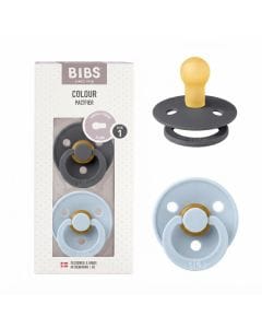 BIBS Latex Round Pacifier 0-6 Months Size 1 2 Pack, Vents For Air Circulation, Round Nipple Shape, Lightweight And Timeless Design - Iron/Baby Blue