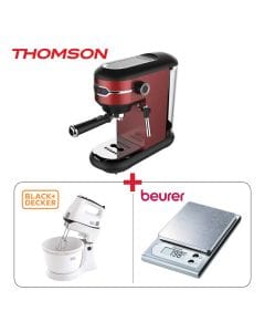 Thomson Coffee Machine Red + Beurer Kitchen Scale Silver + Black+Decker Stand Mixer 300W, 3.5L Bowl Bundle (603001000003530 + 603001000004393 + 603001000012703)