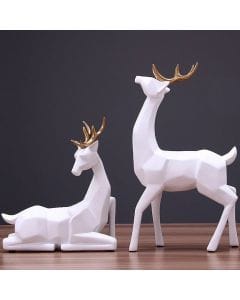 Luxury Signature White Deer Figurines Set, 2 Piece Decorative Resin Deer Statues with Gold Antlers, Modern Home Decor for Living Room, Office & Tabletop