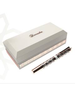 His Highness Dameska Pen, Luxury Rose Gold & Silver Plated Brass Writing Pen, Etched Graphic Design, Wooden Leather-Finished Gift Box