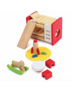 Hape Wooden Doll House Children's Room Furniture Set with Bunk Beds, Table, Chairs & Rocket, Red
