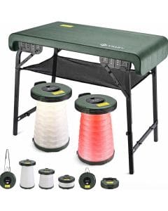 VILLEY Camping Table and Collapsible Stool Set, Portable Folding Outdoor Table with LED Telescoping Features