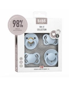 BIBS Try-It Collection Pacifier Size 1 0+ Months, Natural Rubber Latex Or Silicone Nipple, BPA-Free, Flexible And Durable Design - Baby Blue