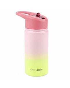 Skip Hop Wildflower Wander Stainless Steel Straw Bottle 450ml, Flip-Up Straw With Leak-Resistant Design, Easy-Grip Carry Handle -Ombre Pink