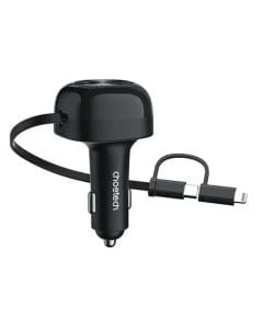 Choetech 75W Car Charger, Retractable 2-in-1 USB-C & Lightning Cable, USB-C PD 45W, USB-A 30W, 12V-24V | Black - TC0036-BK 