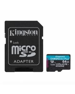 Kingston Canvas Go! Plus 64GB microSDXC Memory Card, 200MB/s, A2, U3, V30, 4K UHD, with SD Adapter