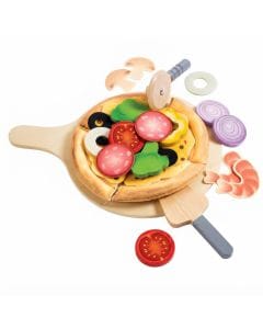 Hape Perfect Pizza Playset - 29-Piece Wooden Play Food Set for Kids with Oven Box & Toppings, Black