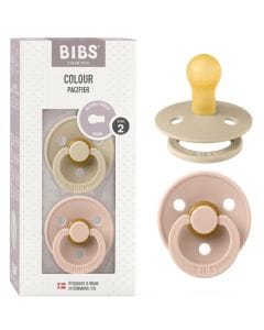 BIBS Latex Colour Round Pacifier Size 2 6+ Months 2 Pack, Customized Comfort, Skin-Like Softness, Flexible And Durable - Vanilla/Blush
